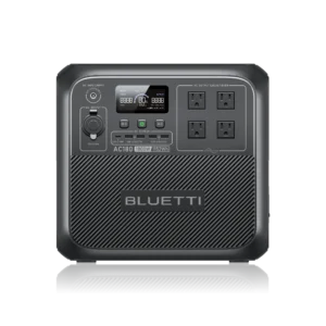 BLUETTI AC180 portable power station with LCD display and multiple AC, DC, and USB outputs for outdoor, home backup, RV, and emergency power