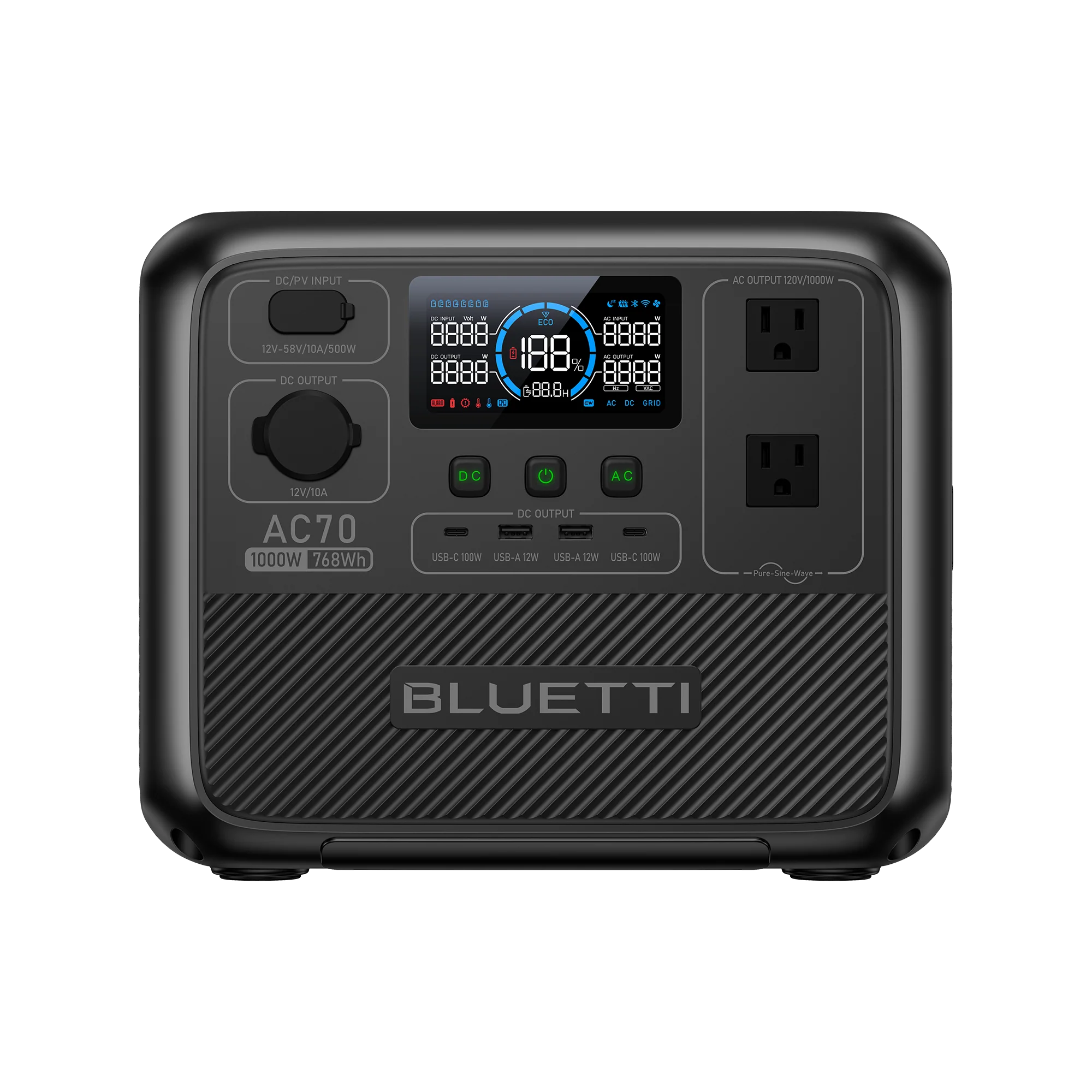 BLUETTI AC300 portable power station with LCD display and multiple AC, DC, and USB output ports for home backup, outdoor, RV, and emergency power